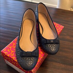Tory Burch Black Quilted Flats with Logo Detail